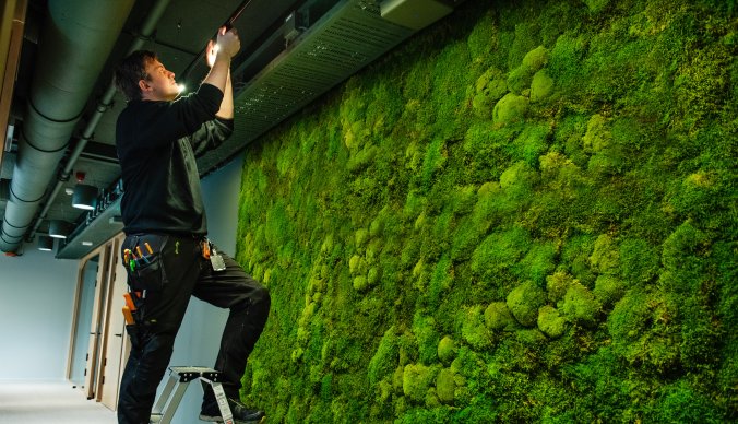 Elektriker i arbeid foran grønn vegg