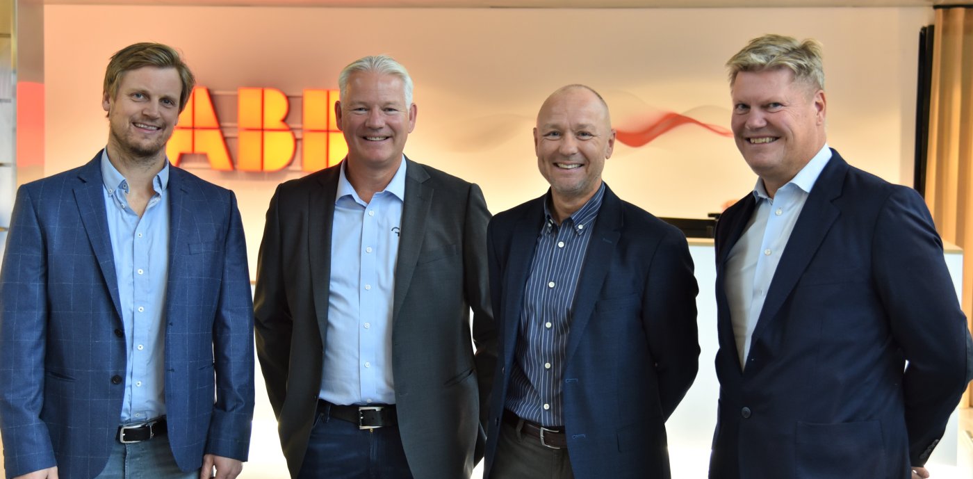 Samarbeid om energieffektivisering: Stian Orvedal, divisjonsdirektør Service, GK Norge, Espen Thorgersen, regionsdirektør Øst Service, GK Norge, Lars-Fredrik Mathiesen, leder, ABB Motion, Norge og Per Erik Holsten, adm.dir. ABB i Norge