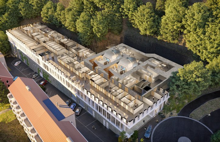 Forprosjektillustasjon av protonsenteret ved Haukeland univeristetsjukehus. Foto: Arkitema Architects